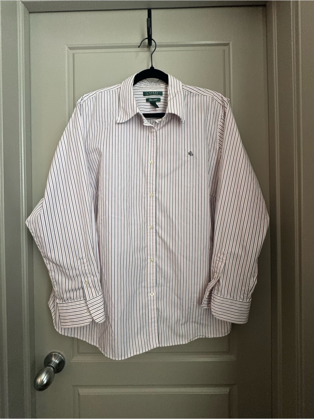 Ralph Lauren Women's Plus Size White Shirt with Pink and Black Stripes